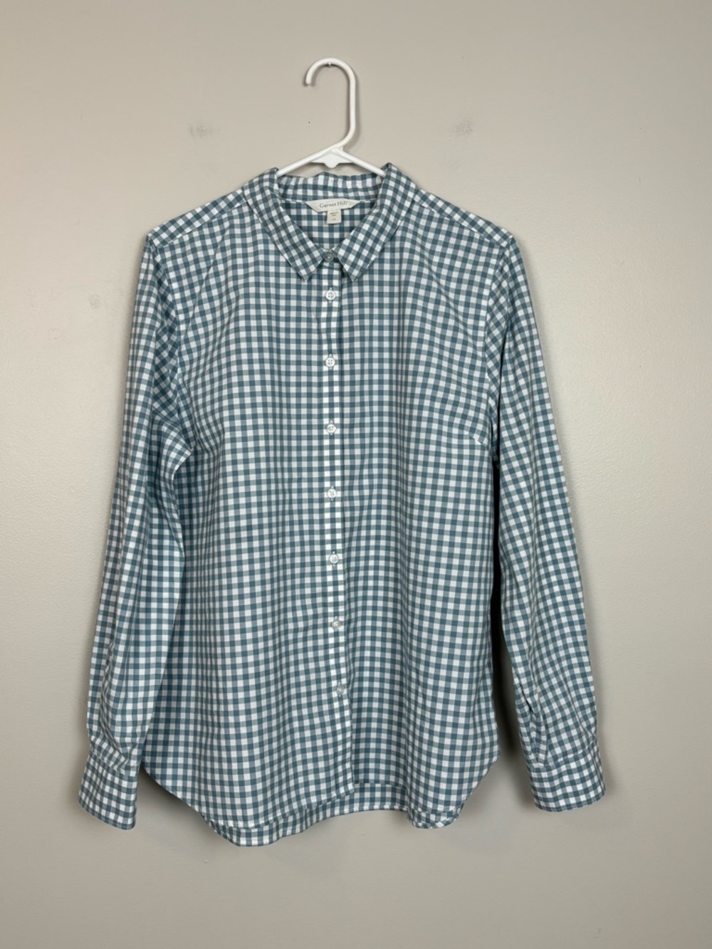 Garnet Hill Top Women 14 Organic Pima Cotton Long Sleeve Plaid Button Slate Blue